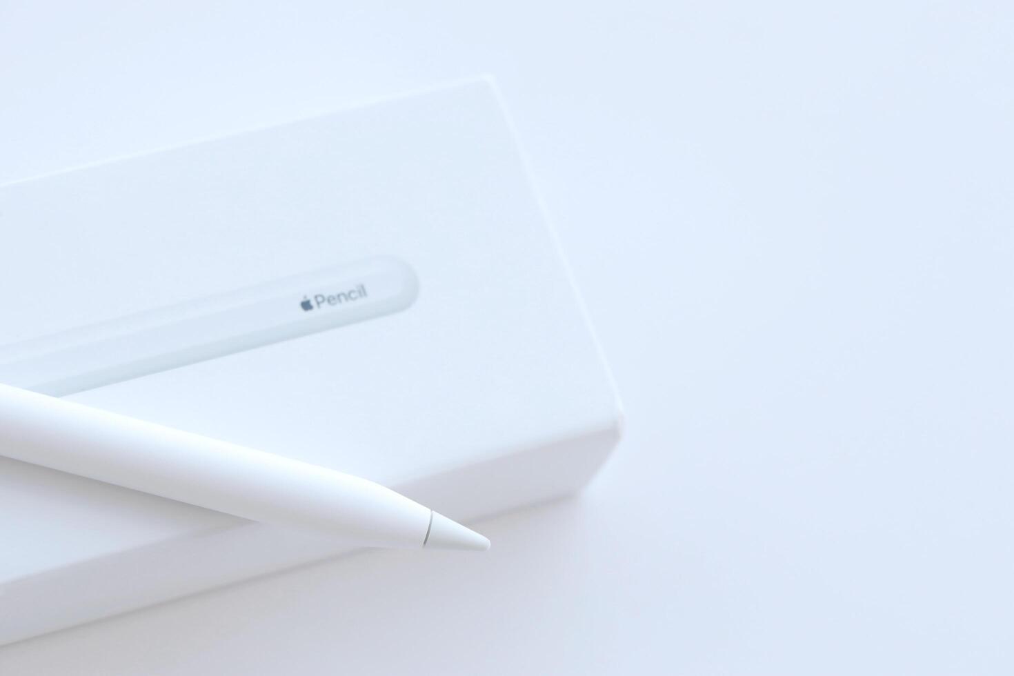 KYIV, UKRAINE - 4 MAY, 2023 New Apple pencil generation 2. Features a flat edge that attaches magnetically for automatic charging and pairing photo
