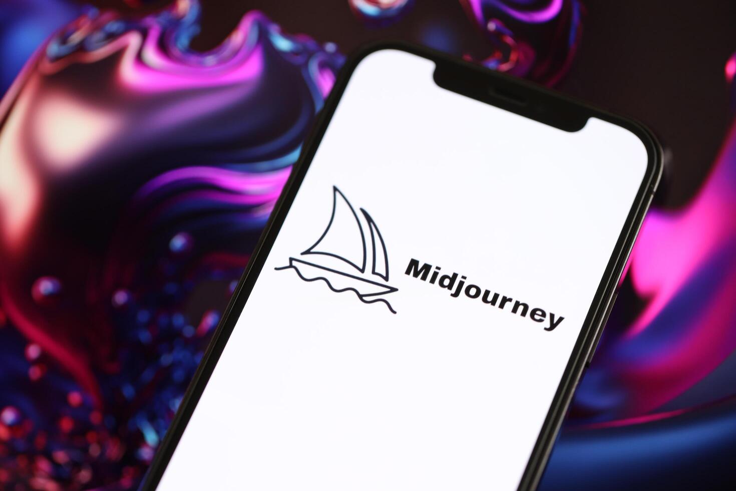 KYIV, UKRAINE - MARCH 17, 2024 Midjourney logo on iPhone display screen with background of artificial intelligence futuristic image photo