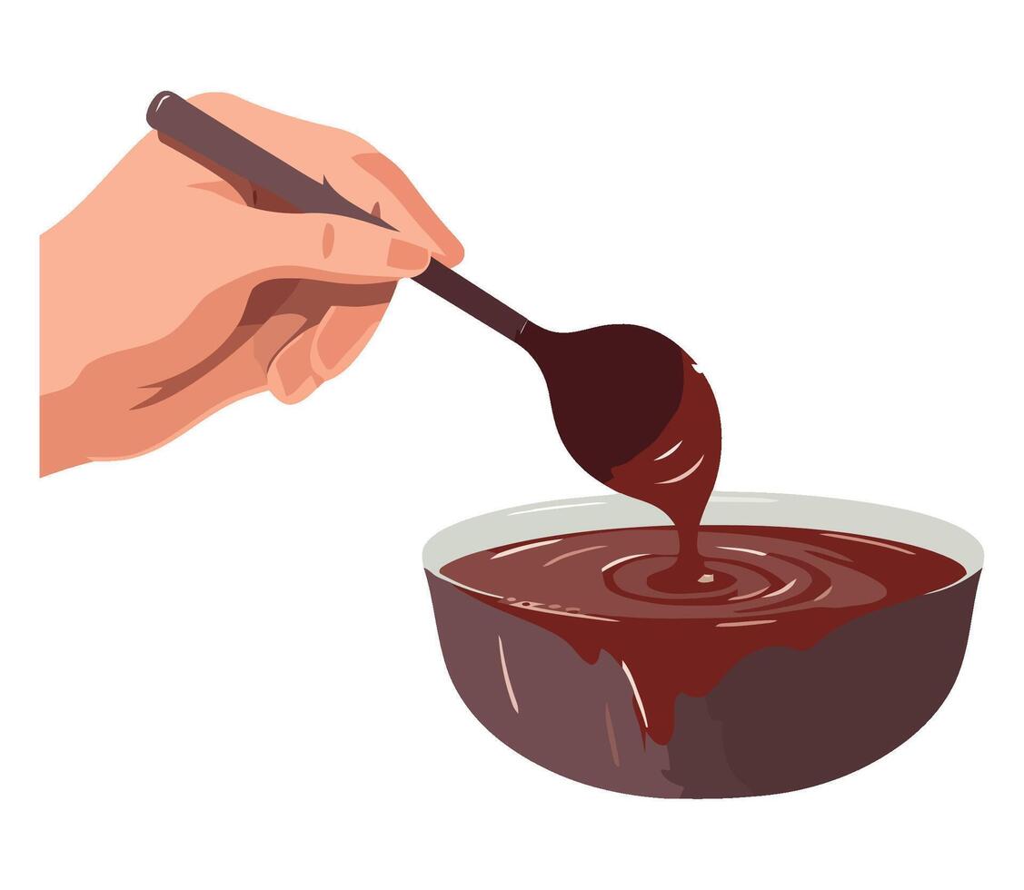 Hand holding spoon, chocolate dessert in bowl icon isolated vector