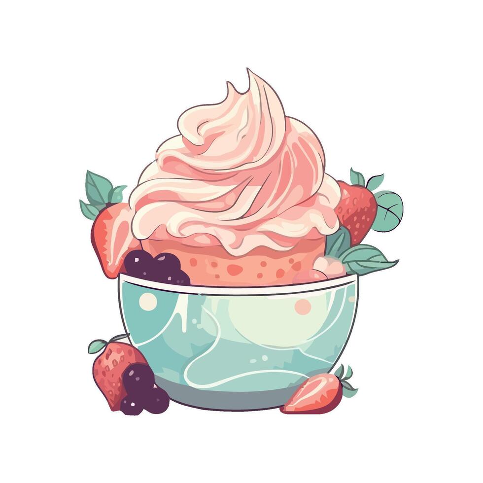 Whipped cream, strawberry ball sundae icon isolated vector