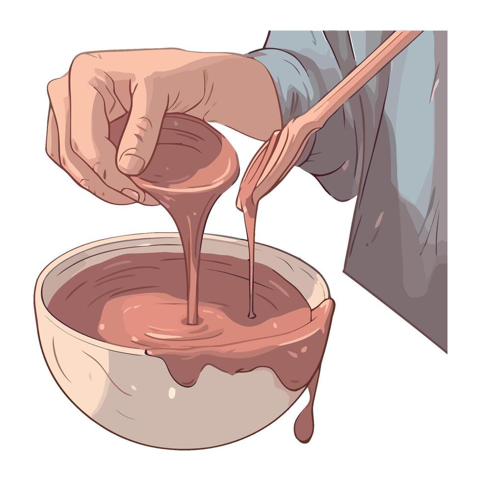Chef hand pours chocolate over gourmet dessert icon isolated vector