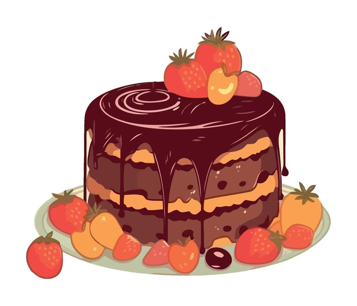 Sweet pie with chocolate, strawberry, and cream icon isolated vector
