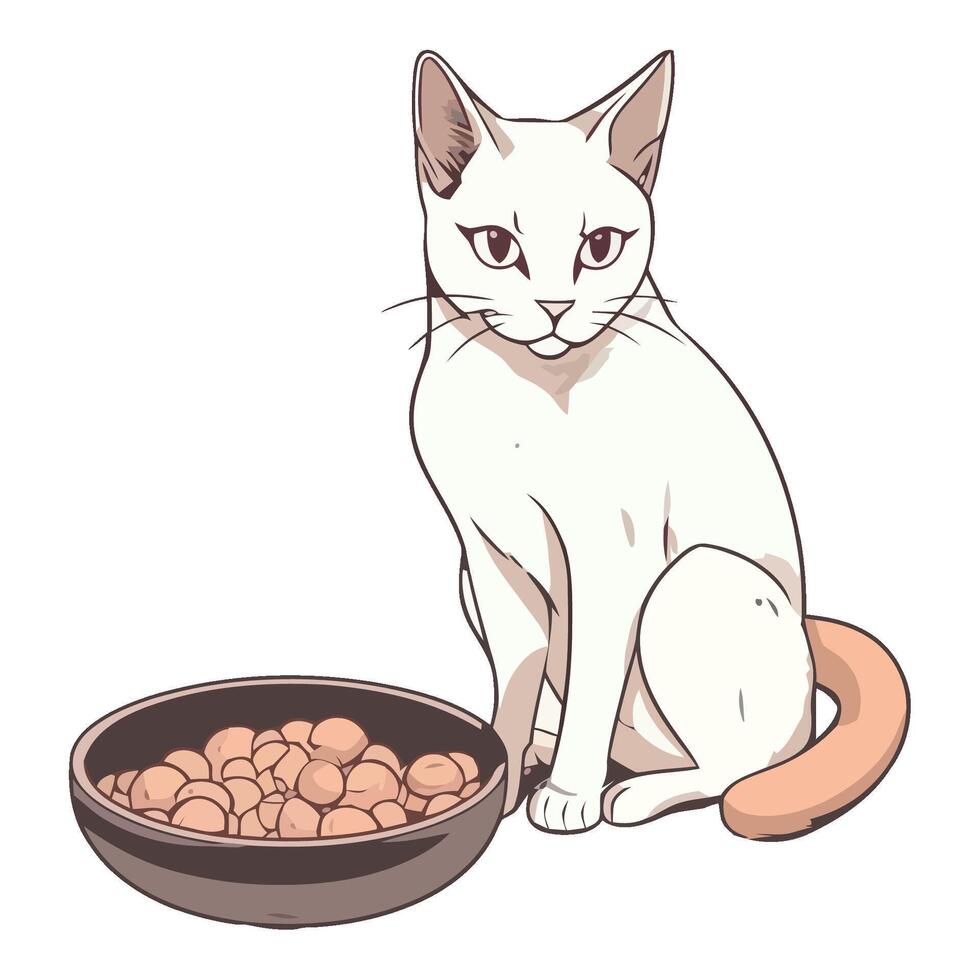 Cute kitten sitting with bowl, watching meal icon isolated vector