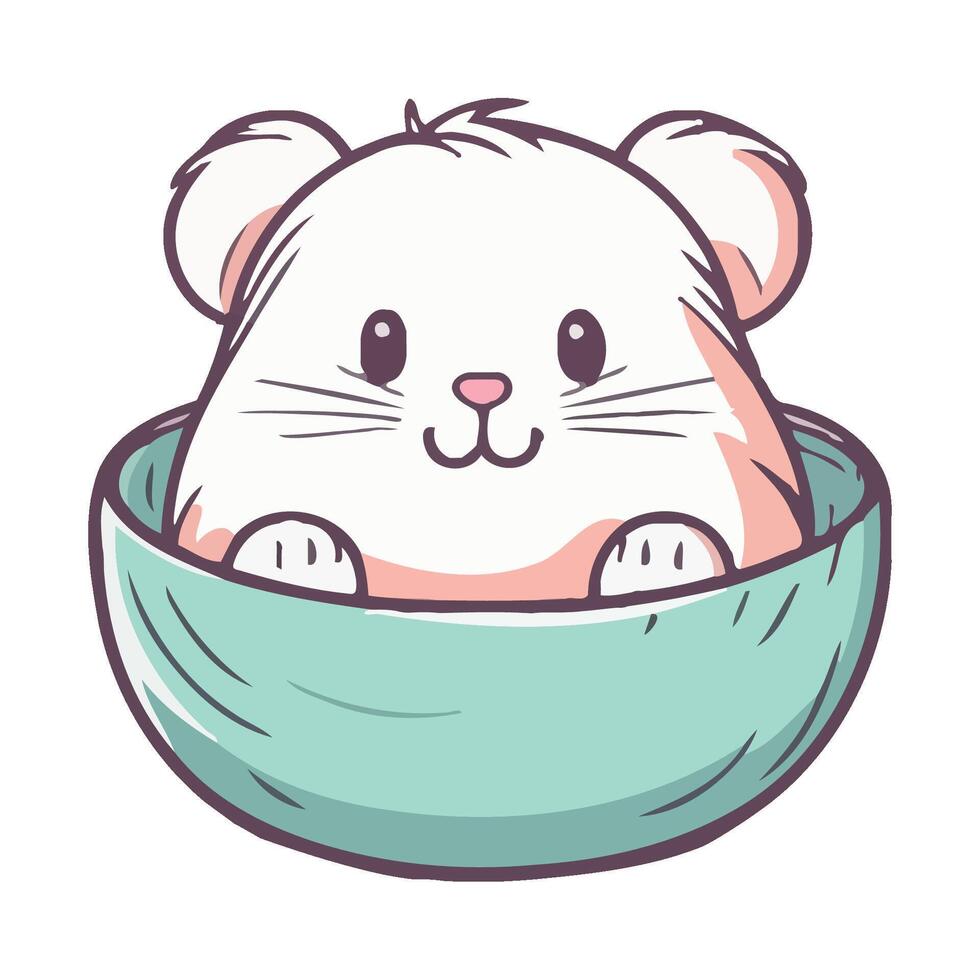 Cute mouse in bowl, cheerful animal icon isolated vector