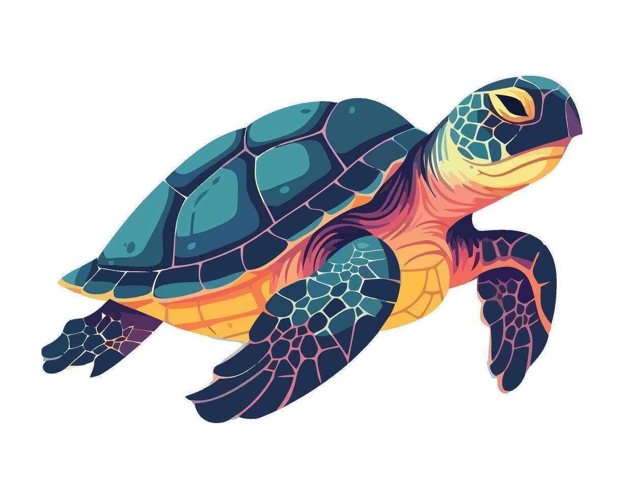 Aquatic turtle swimming in multi colored icon isolated vector