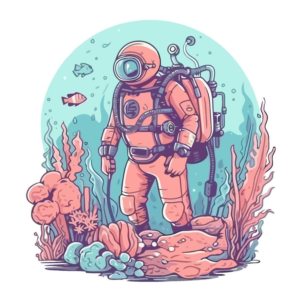 Swimming man explore deep underwater adventure, isolated vector