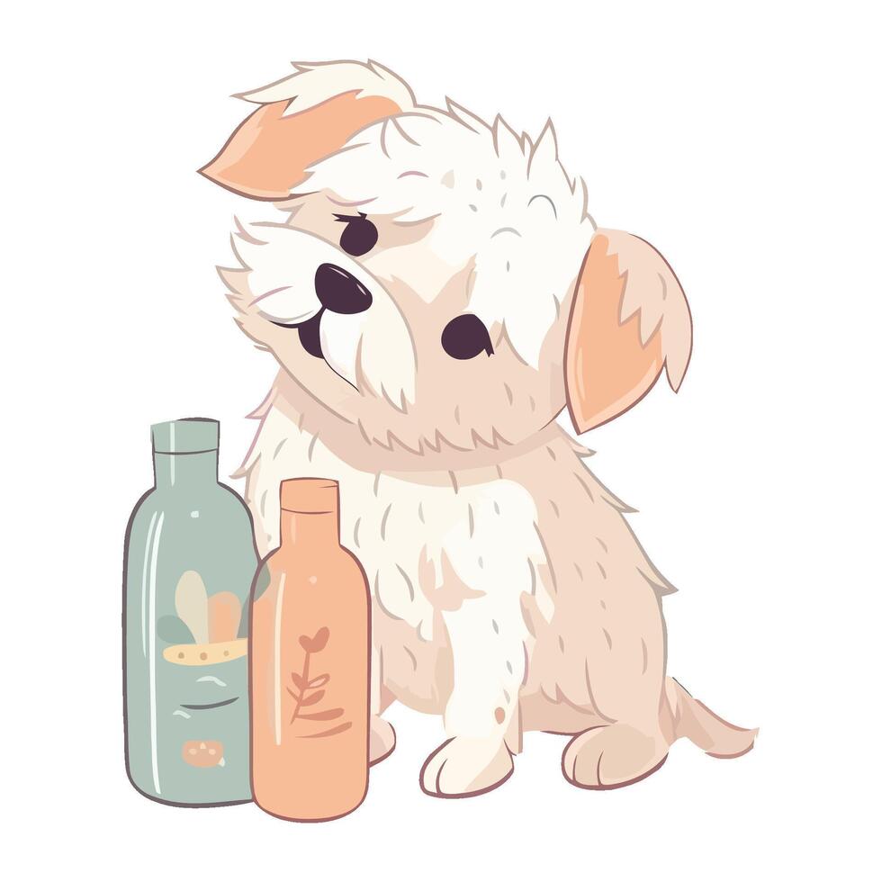 Cute puppy sitting with shampoo bottles icon isolated vector