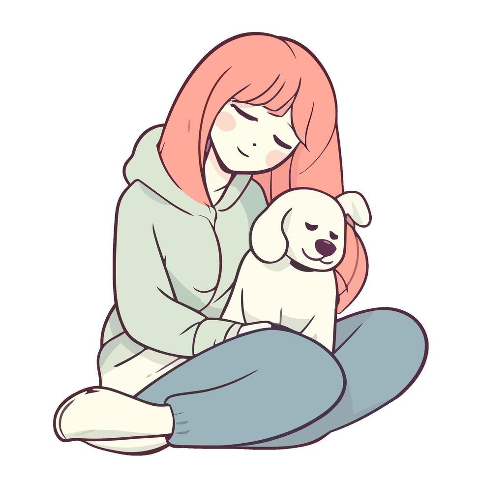 Cute puppy sitting with smiling woman icon isolated vector