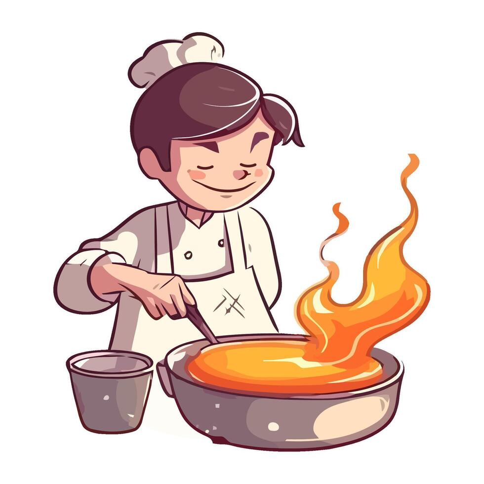 Chef cooking gourmet meal on flaming stove icon isolated vector