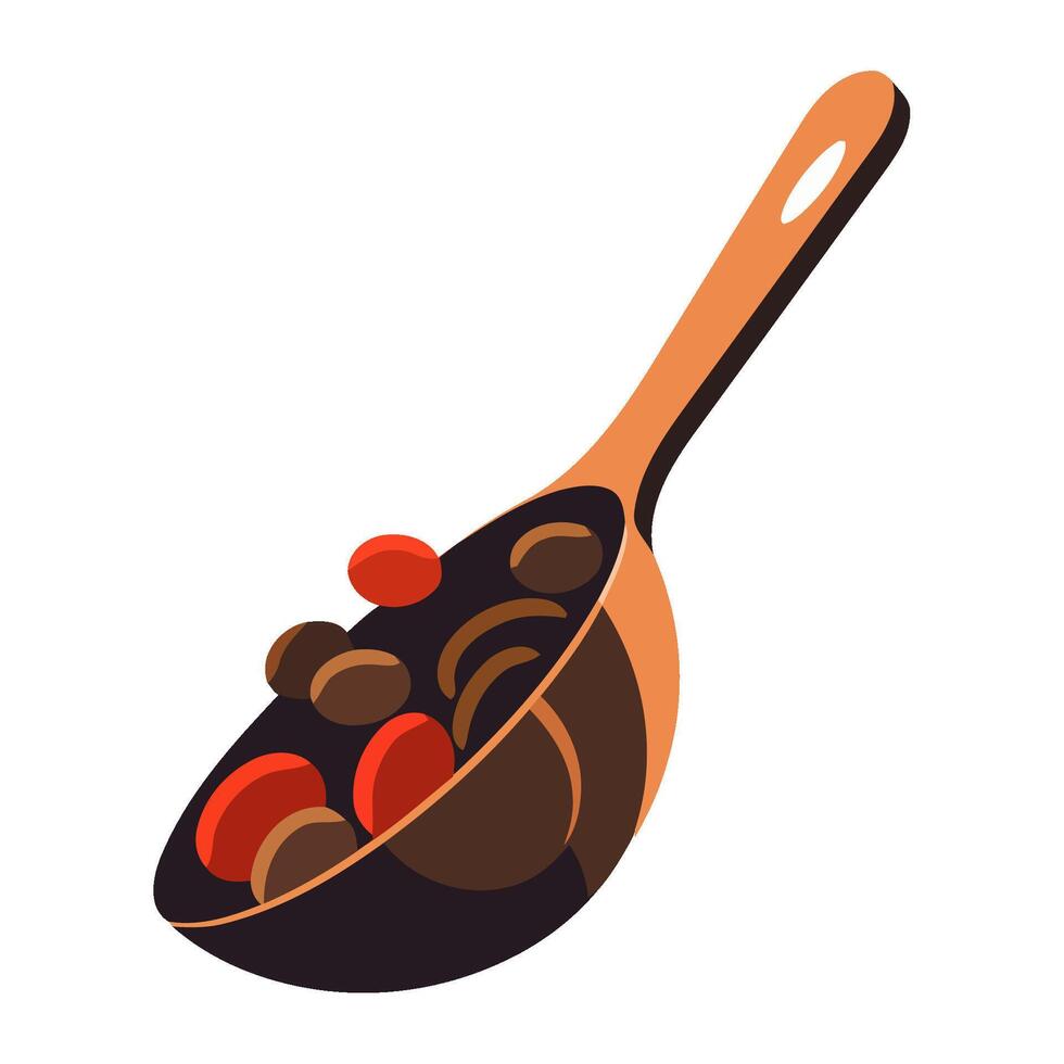 Fresh coffee seeds served with wooden spoon icon isolated vector