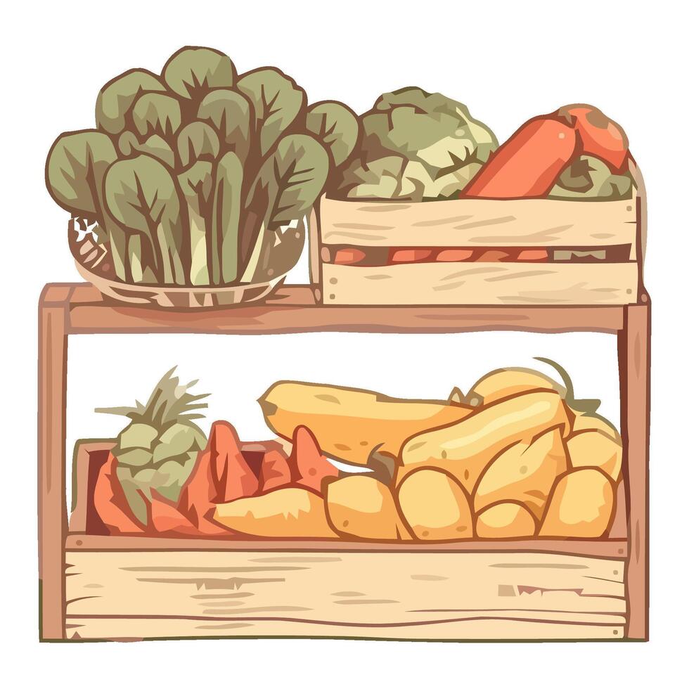 Fresh vegetables in wooden basket for healthy meal icon isolated vector