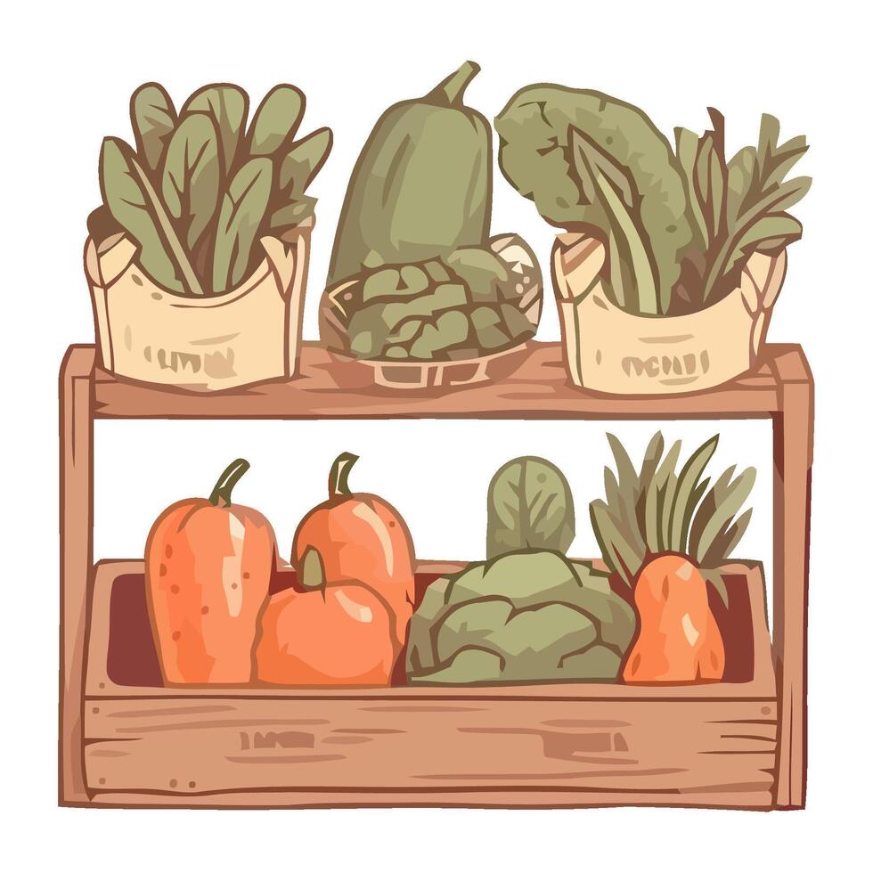 Fresh organic vegetables on wooden shelf icon isolated vector
