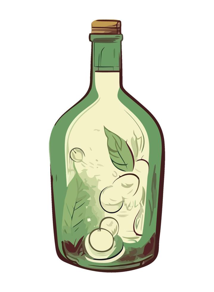 Organic wine bottle with fresh grape illustration icon isolated vector
