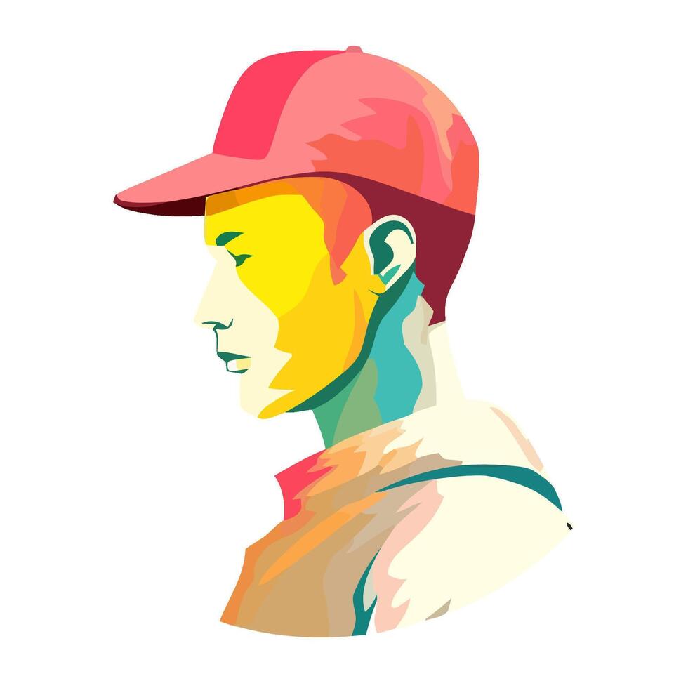 Cheerful man in yellow cap wins competition icon isolated vector