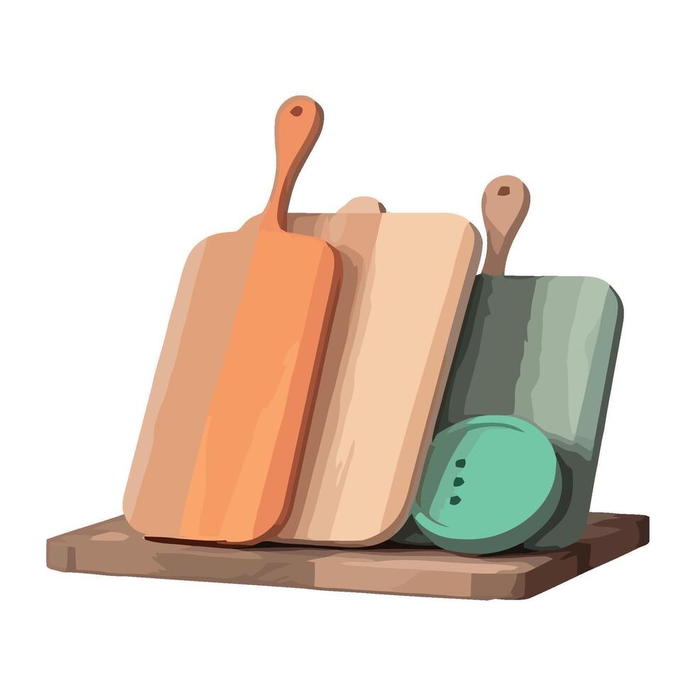 Kitchen utensils on wooden cutting boards icon isolated vector