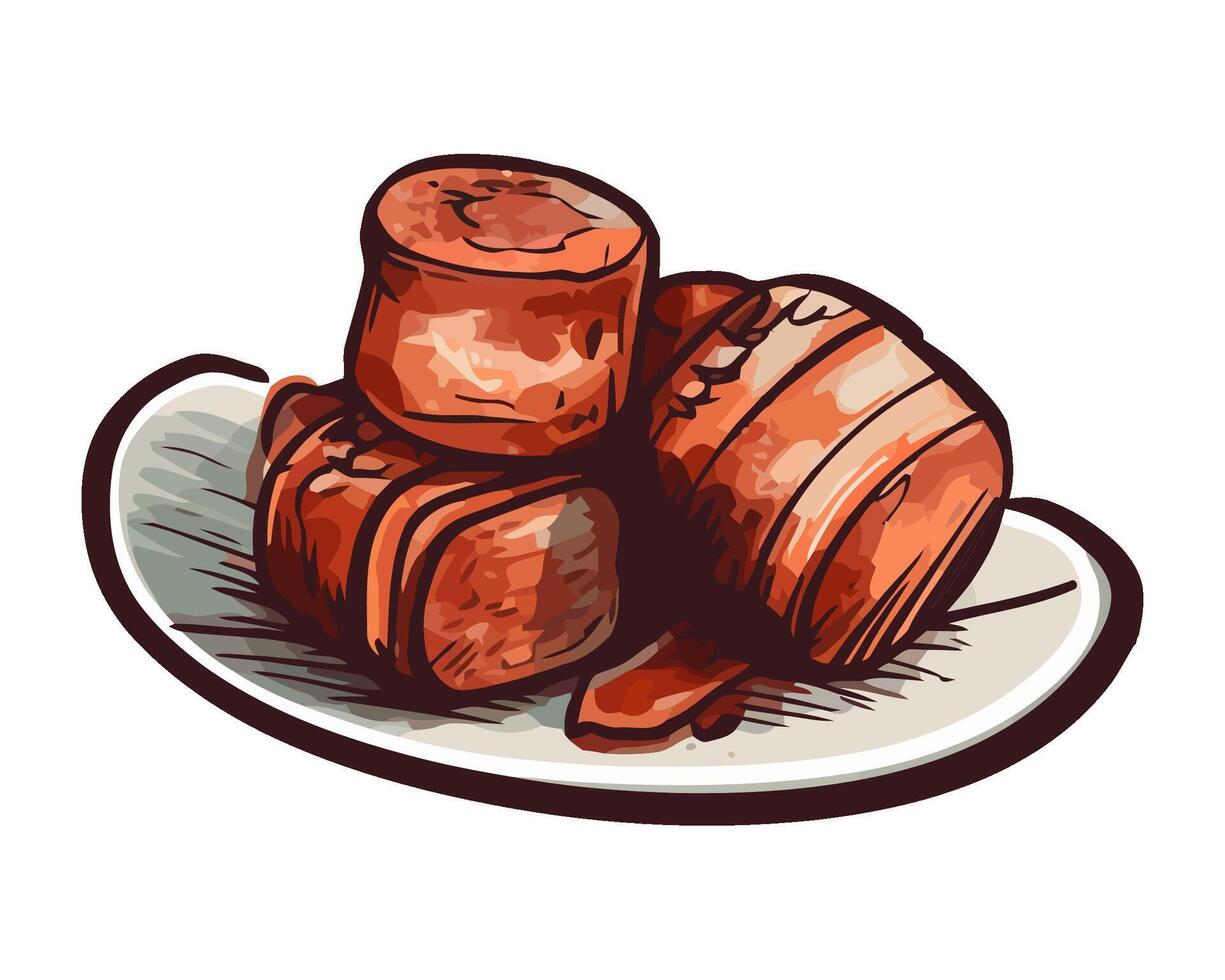 Homemade meat rolls on plate icon isolated vector