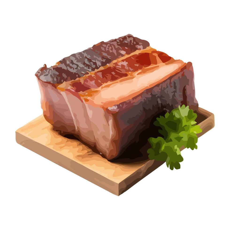Grilled pork slice on wooden plate appetizer icon isolated vector