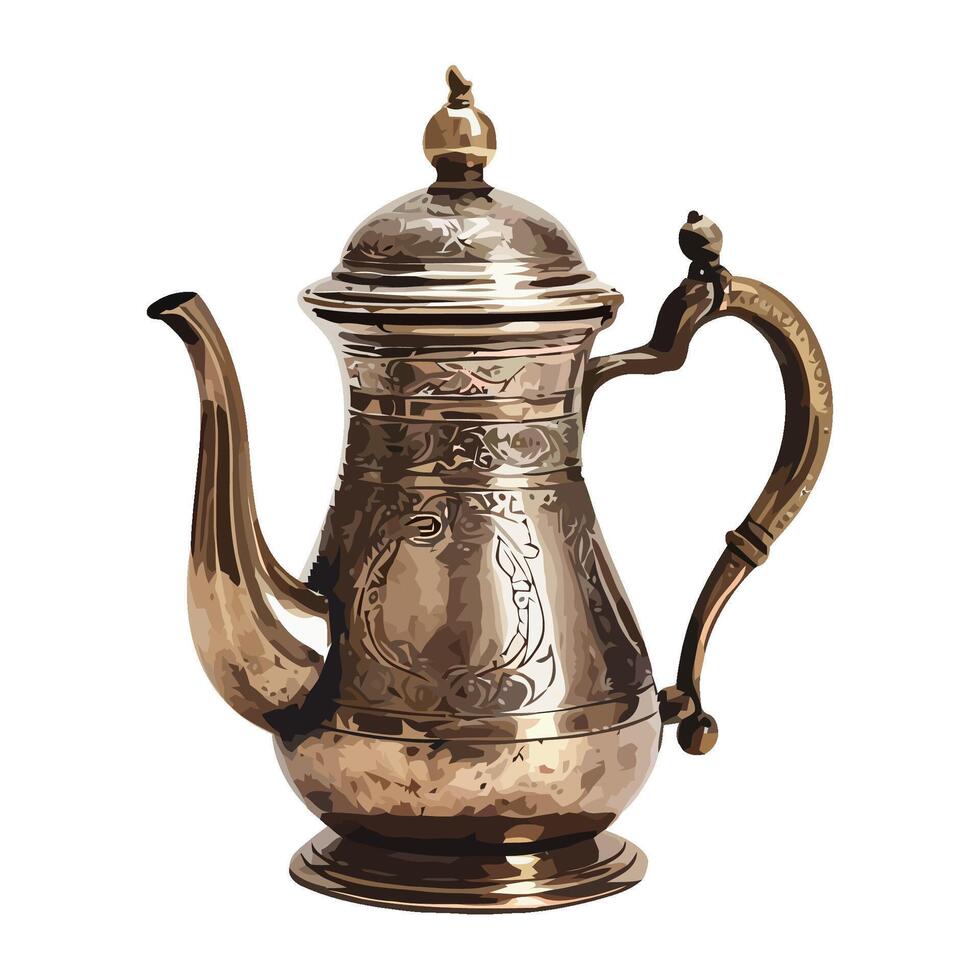 Ornate antique teapot with brass handle and decoration icon isolated vector
