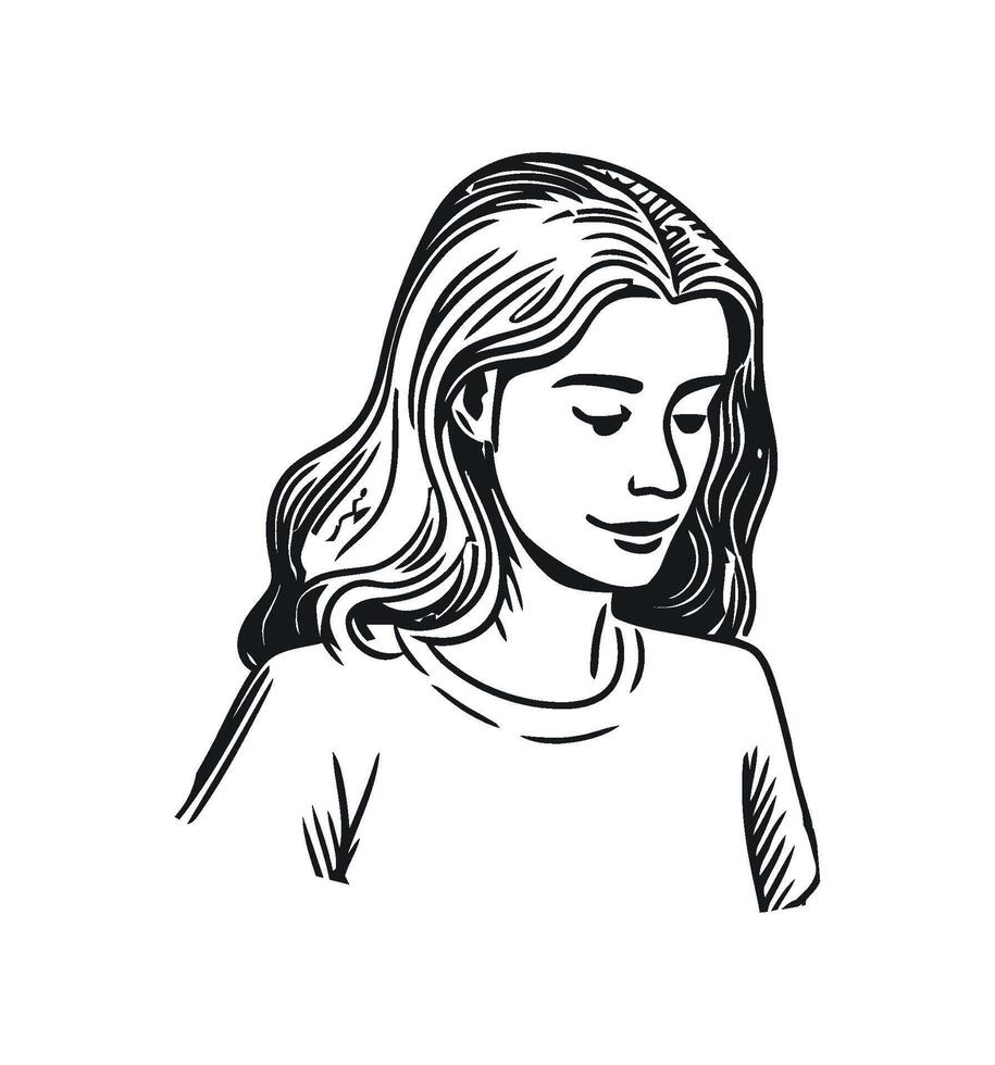 Smiling woman in black and white sketch icon isolated vector
