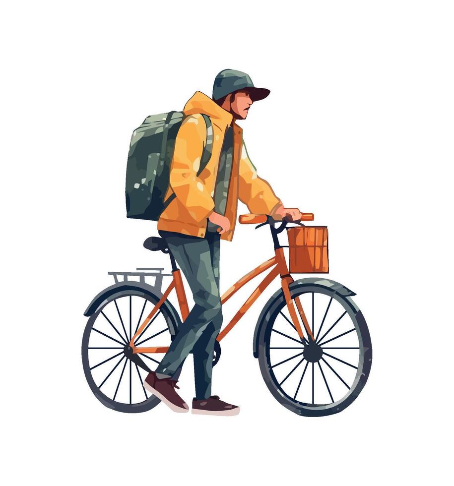 Man cycling with backpacks, enjoying outdoor adventure icon vector