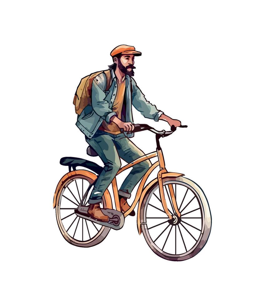 hipster man cycling with backpack icon isolated vector