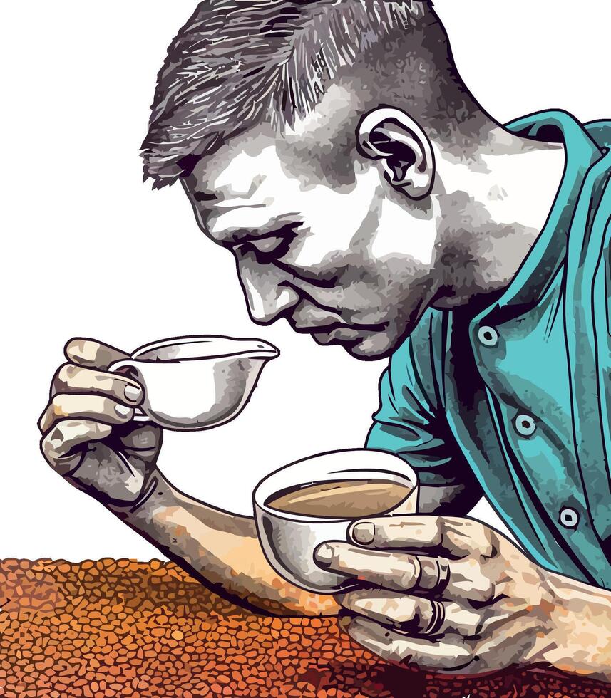 One man holding hot coffee mug, relaxing icon vector