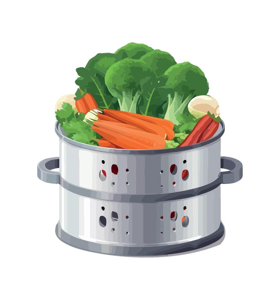 Fresh vegetables steam in healthy cooking pan icon isolated vector