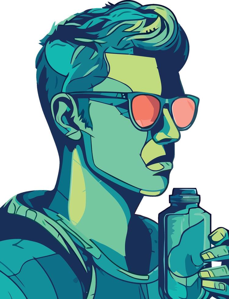 man in sunglasses and drinks water icon isolated vector