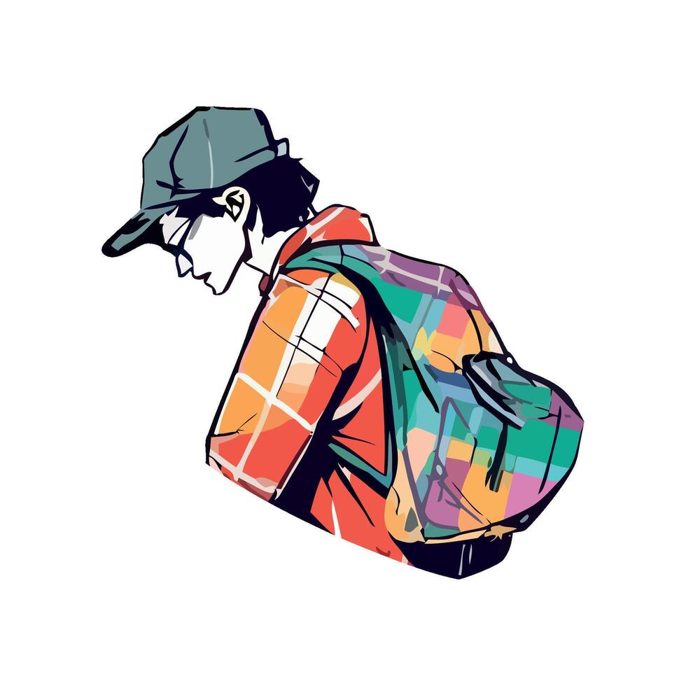 Boy in baseball cap hike with equipment icon isolated vector