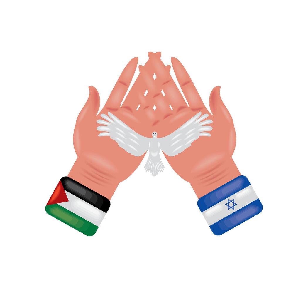 israel and palestine flags in hands with dove design vector