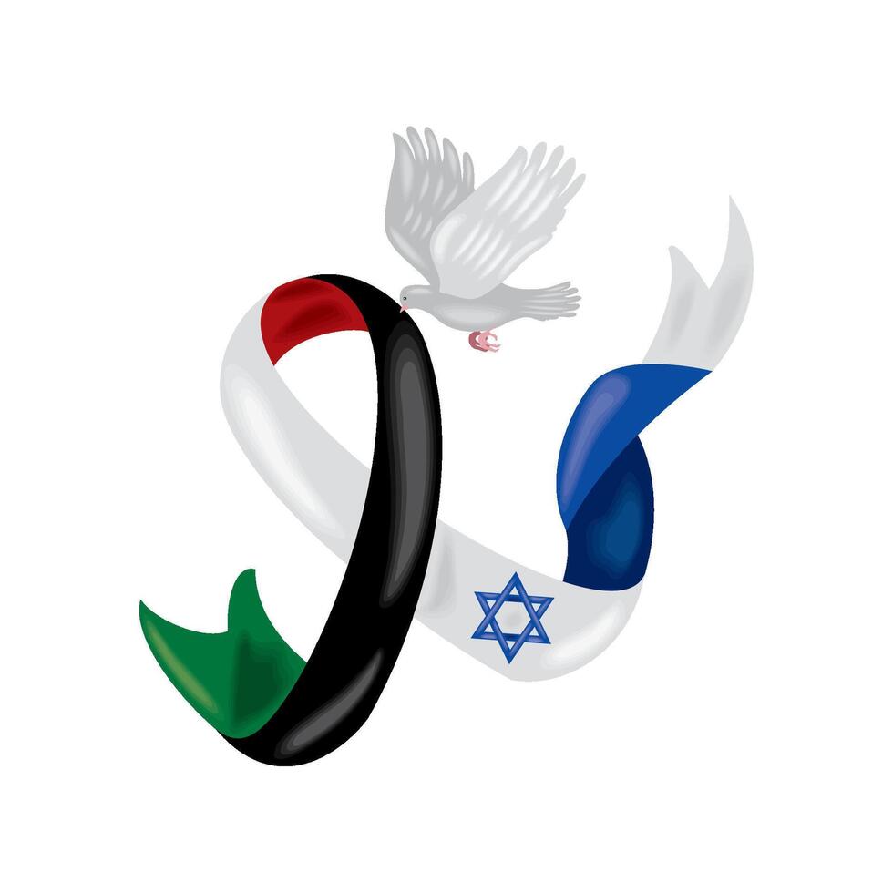 israel and palestine flags in ribbon with dove design vector