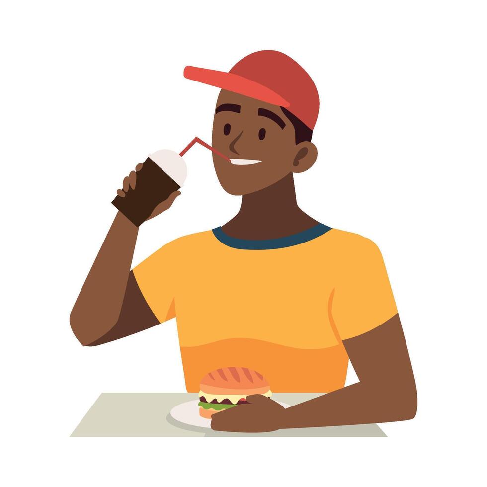 man eating burger and soda illustration isolated vector