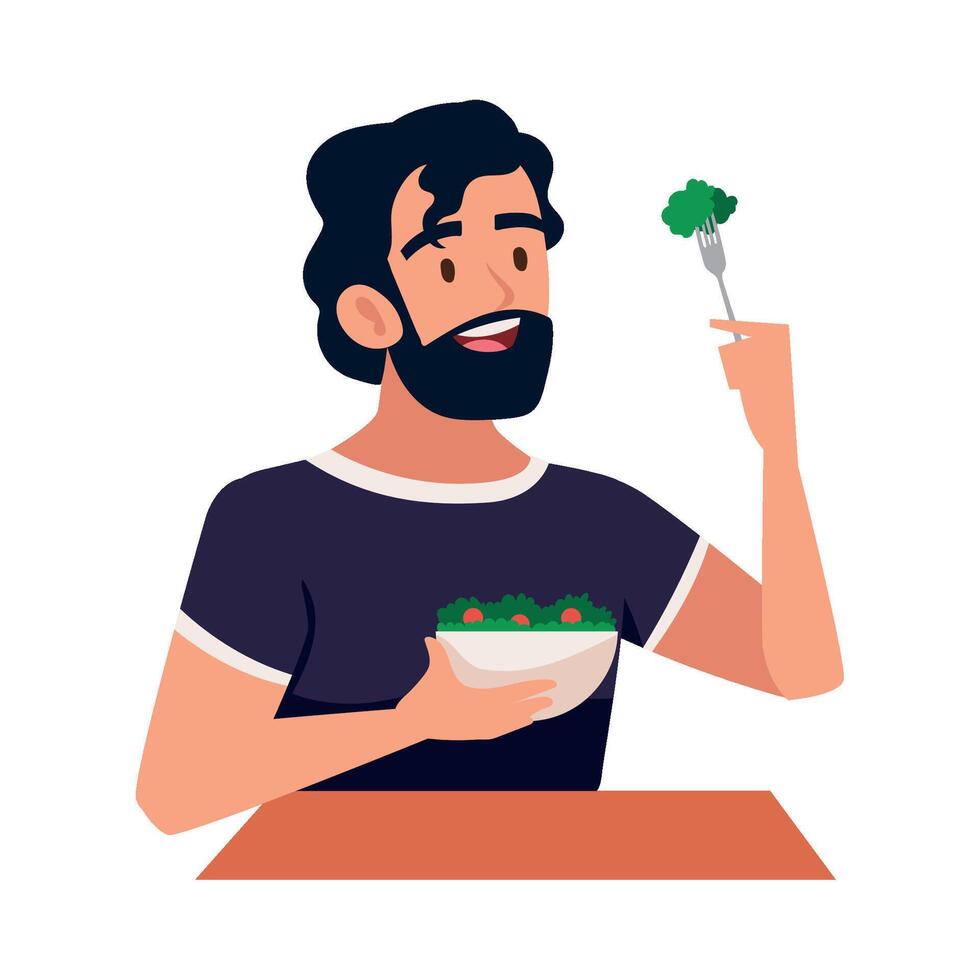 man eating salad illustration isolated vector