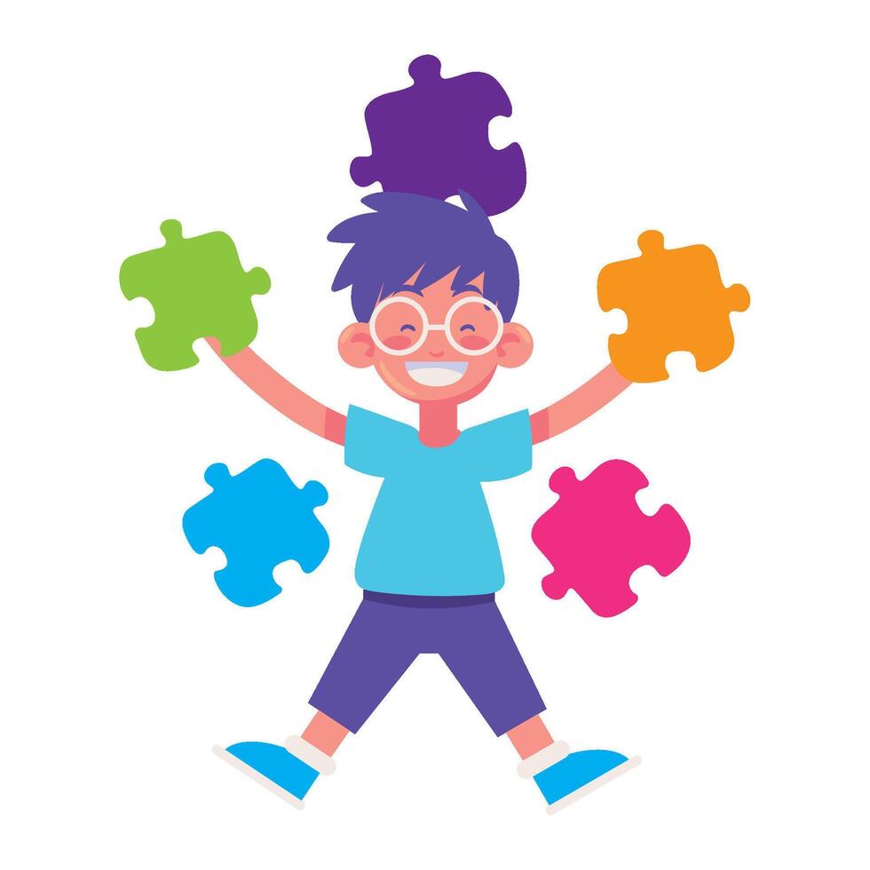 autism happy boy with puzzles illustration vector