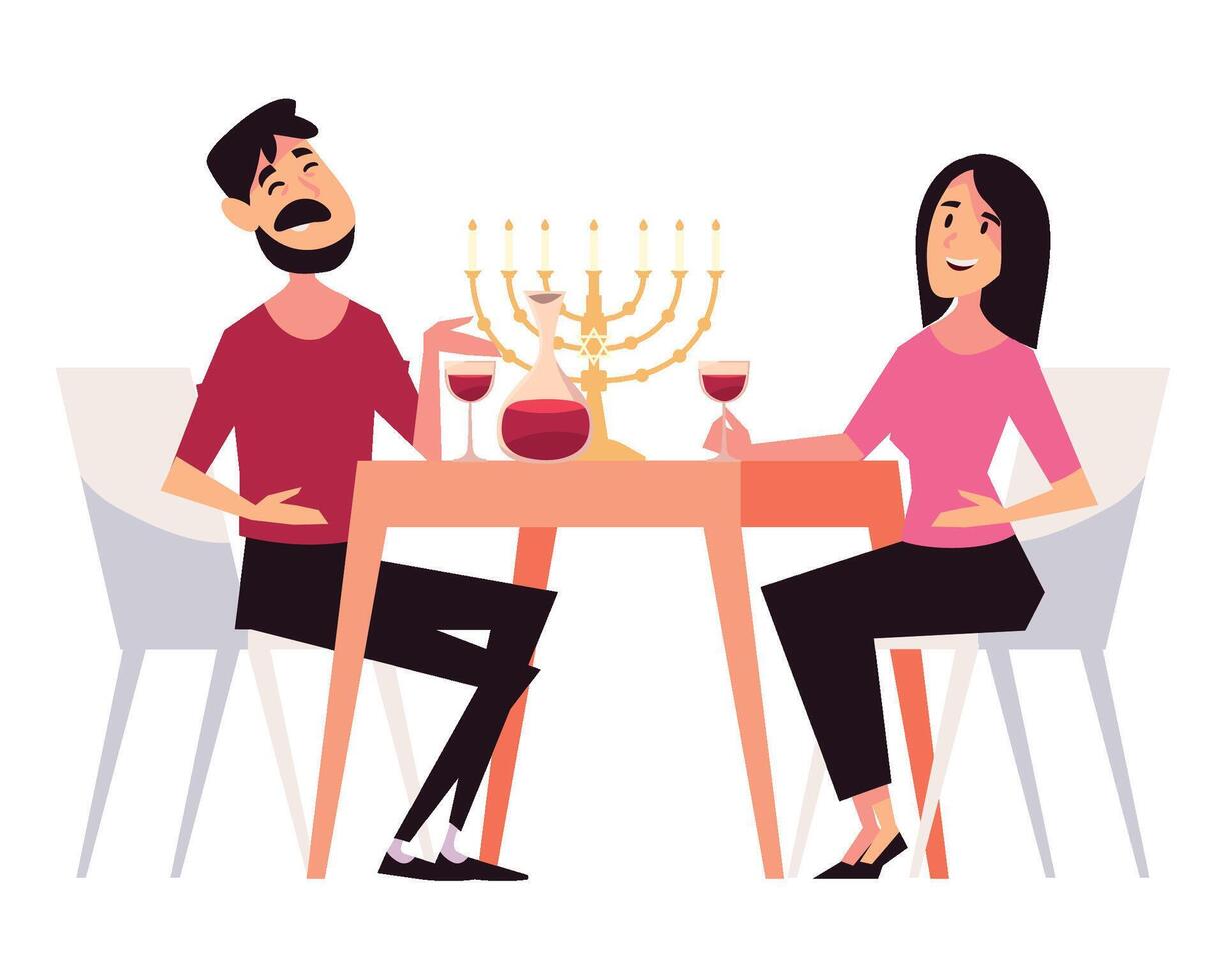 hanukkah couple drinking wine illustration vector