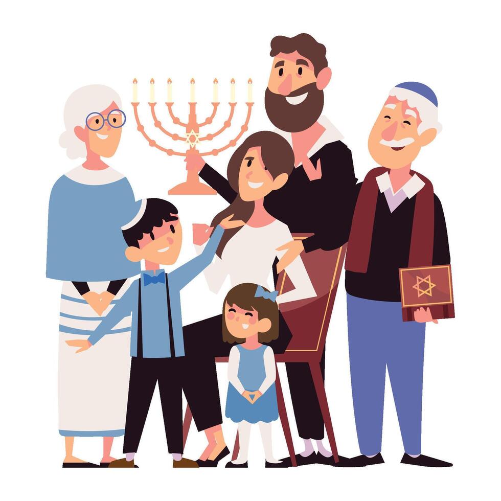 hanukkah family with menorah illustration vector