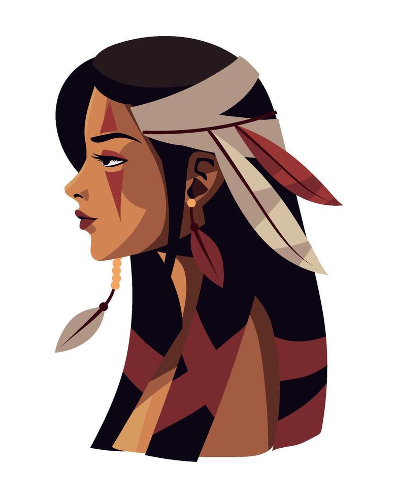 native american girl with feathers illustration vector