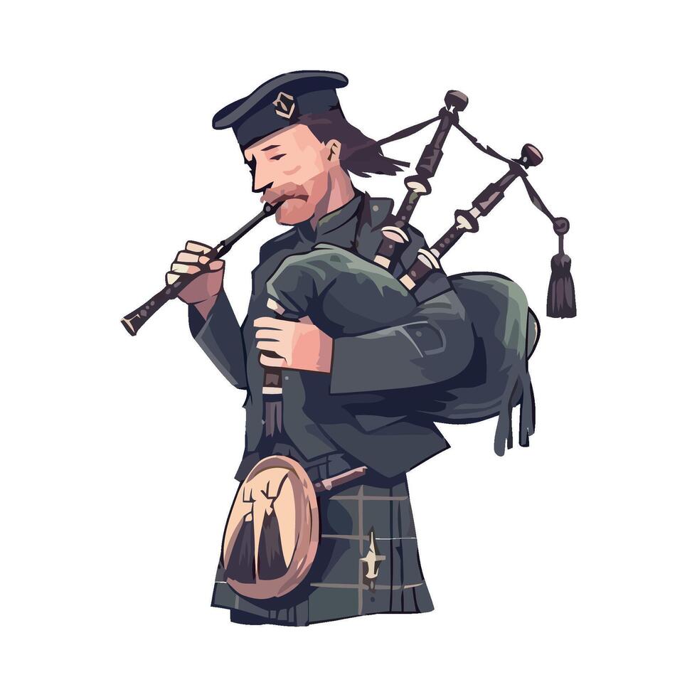 One person playing bagpipe instrument in uniform icon isolated vector