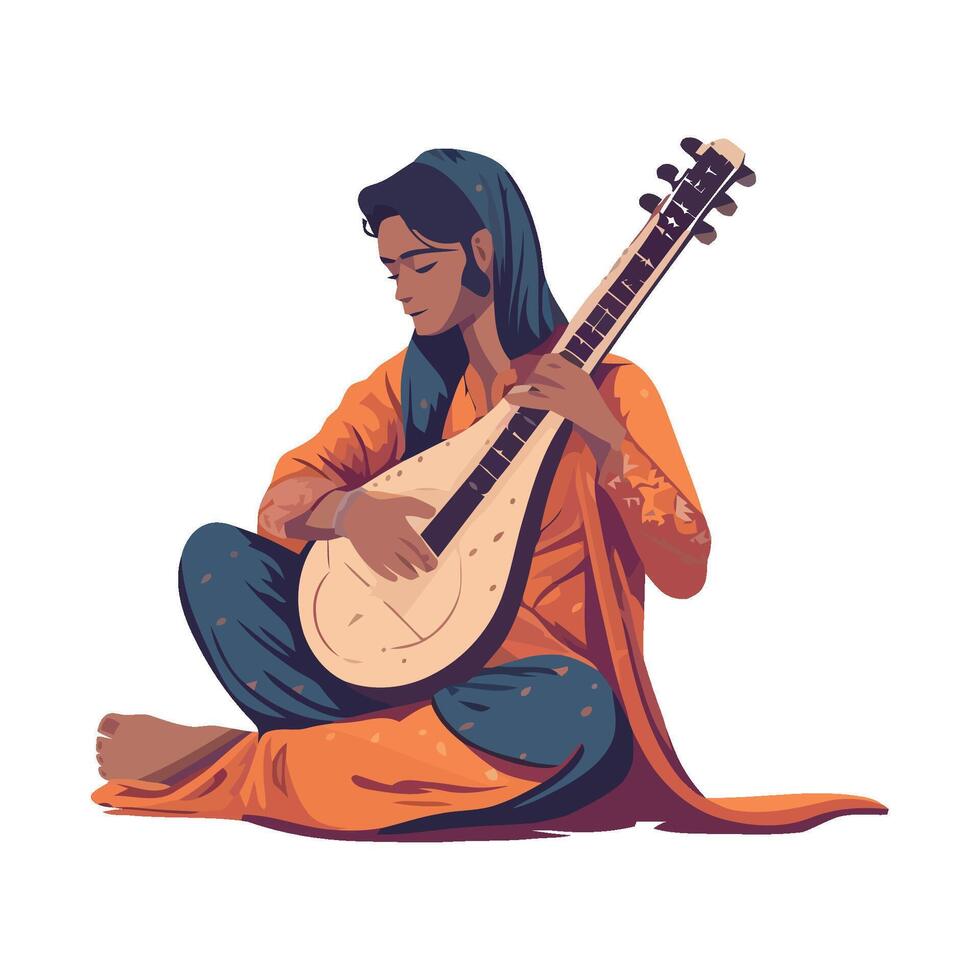 Cheerful guitarist playing acoustic sitar icon isolated vector