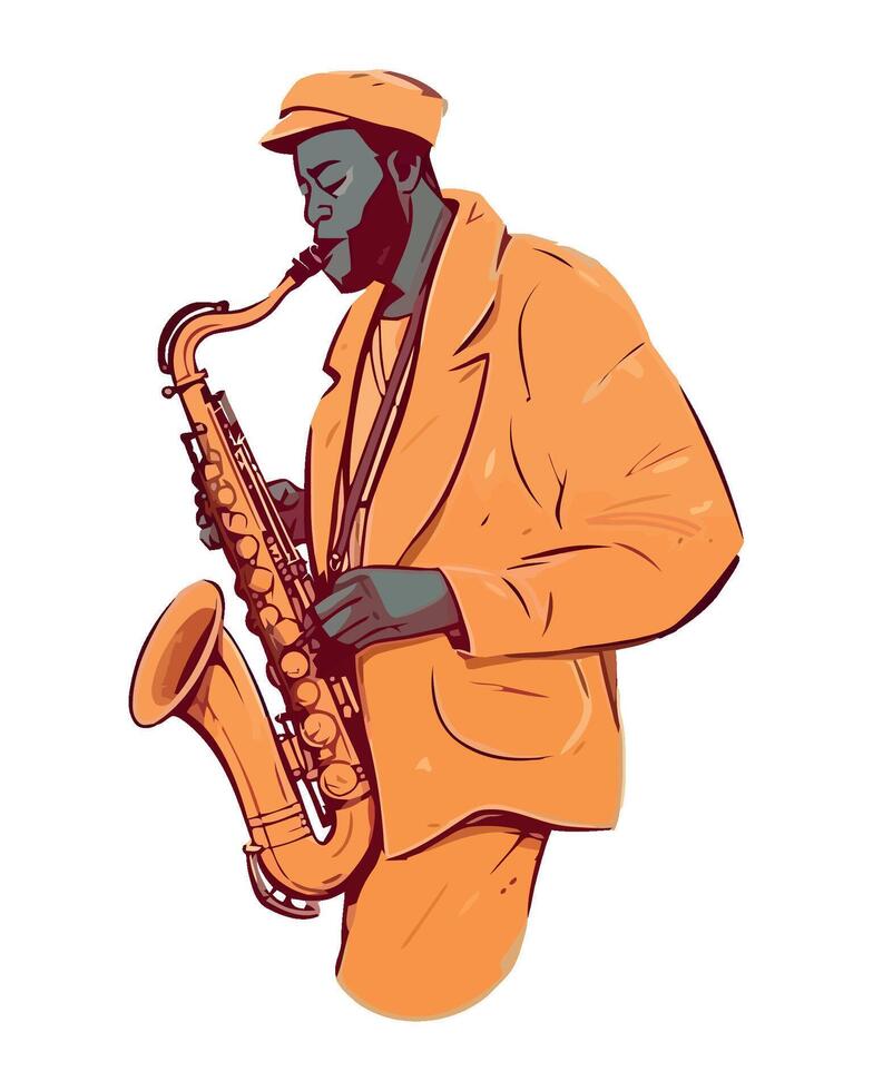 Saxophonist blowing gold horn on stage performance icon vector