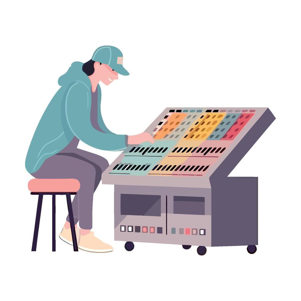 One person sitting, working on sound mixer icon isolated vector