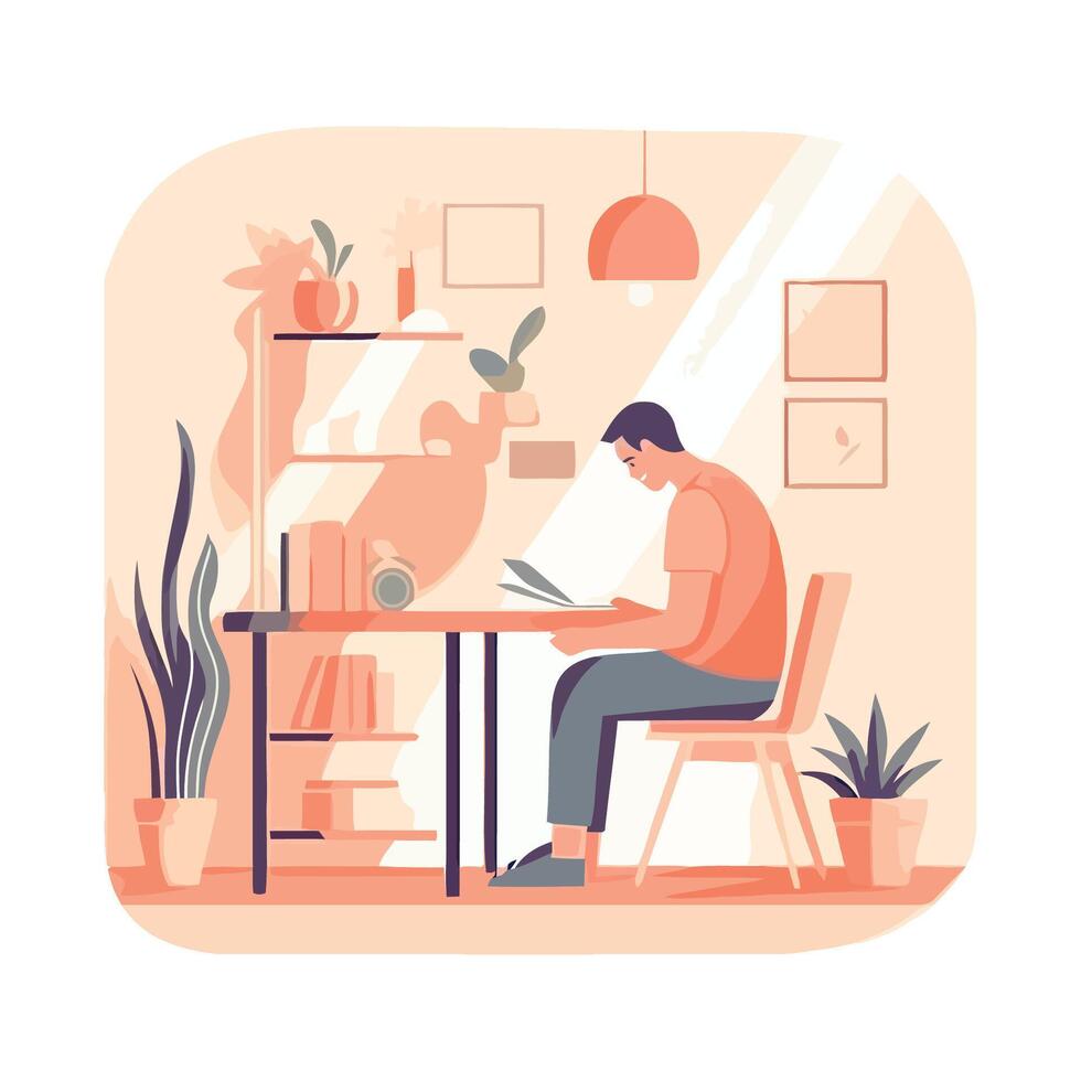 A modern man sitting at his desk working icon isolated vector