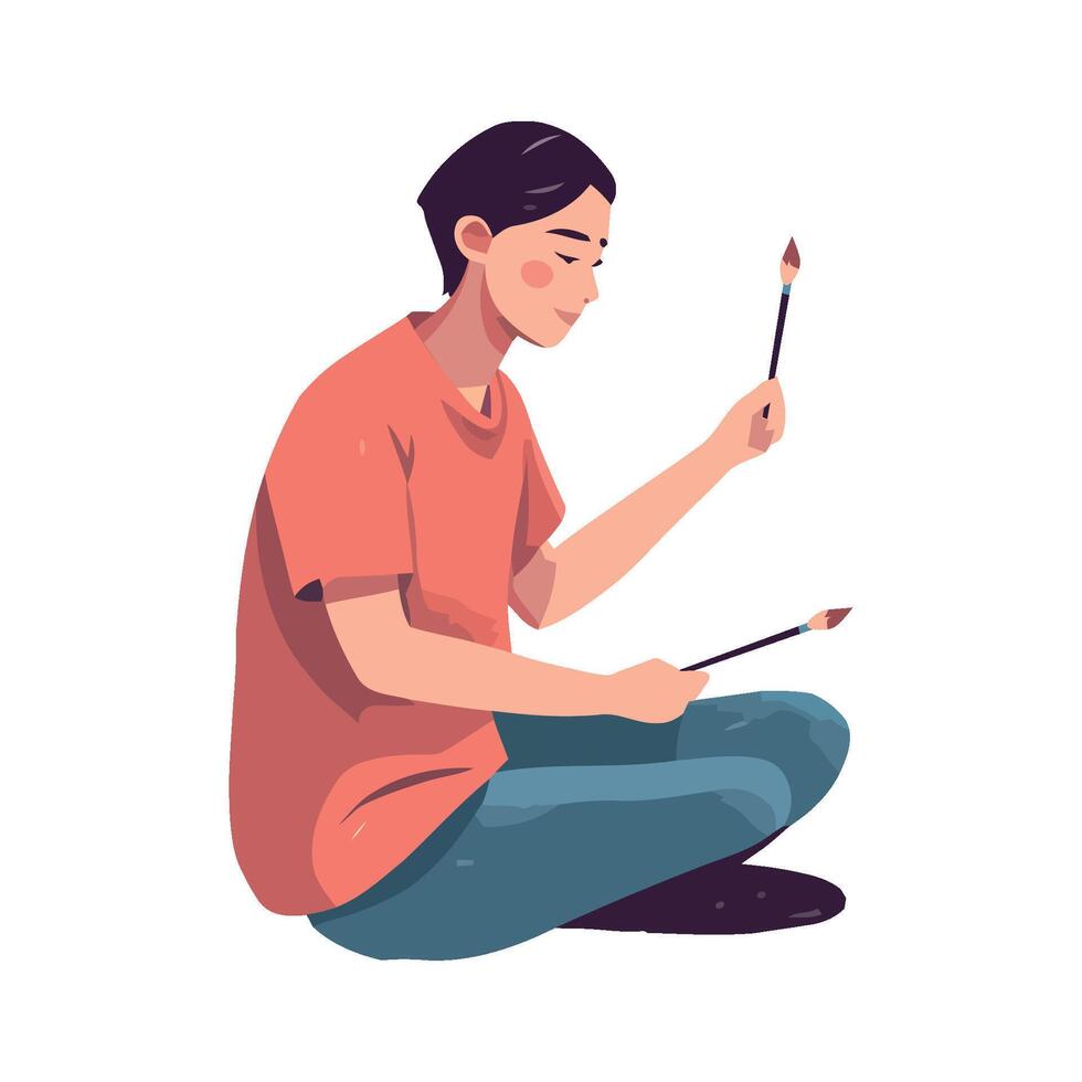 One person sitting, holds a paintbrushes icon isolated vector