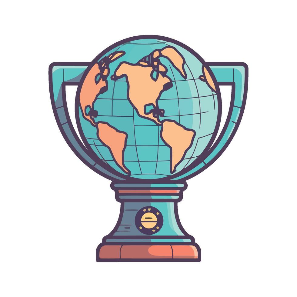 Global success symbolized by trophy on map icon isolated vector