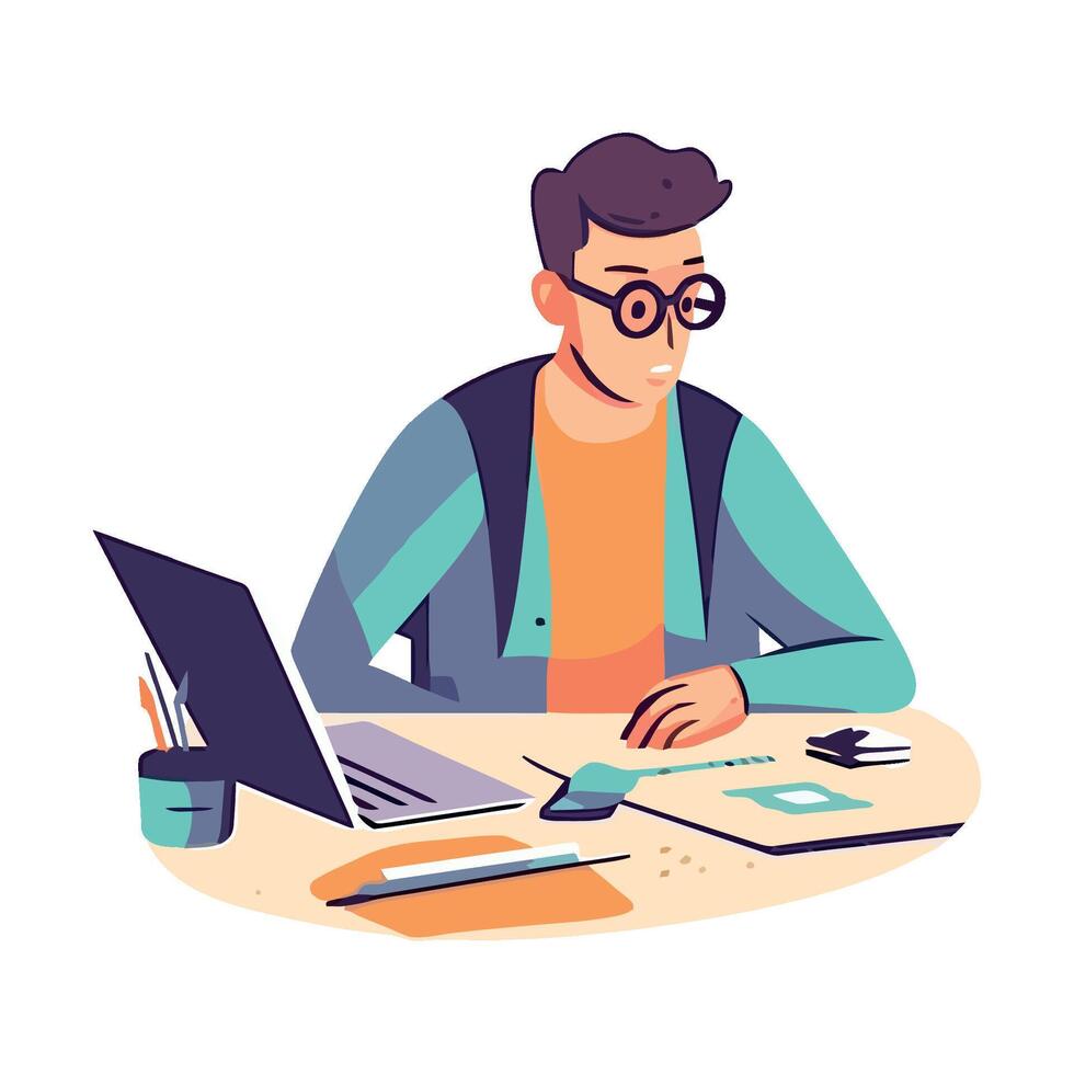 A modern businessman sitting at desk, working icon isolated vector
