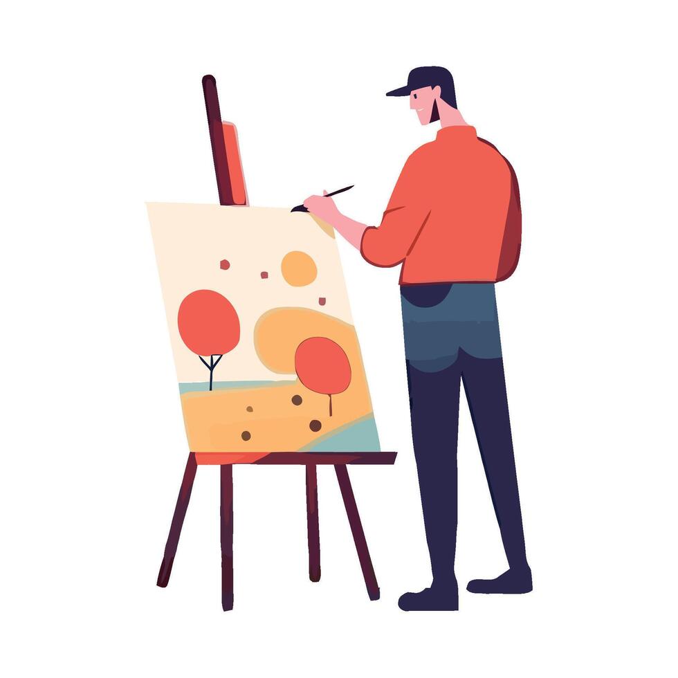 Professional artist holding paintbrush, standing at easel, isolated vector