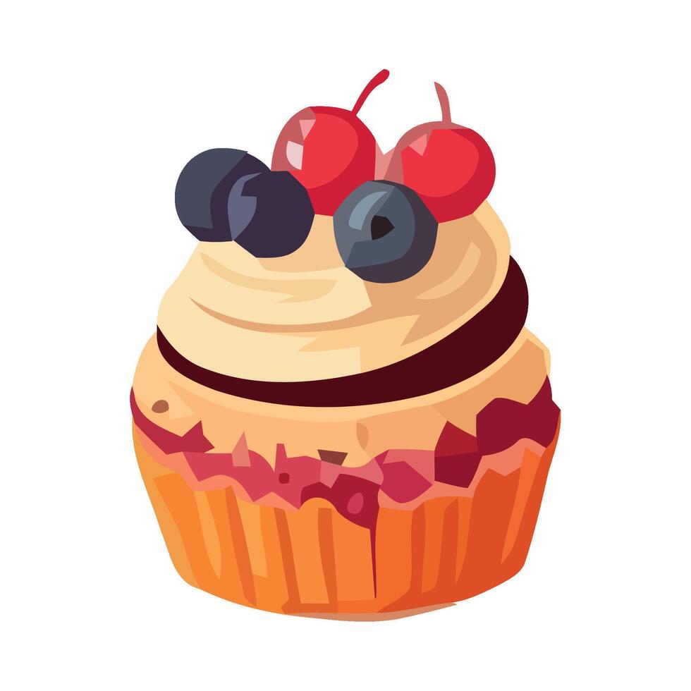 Sweet berry cupcake with creamy vanilla icing icon isolated vector
