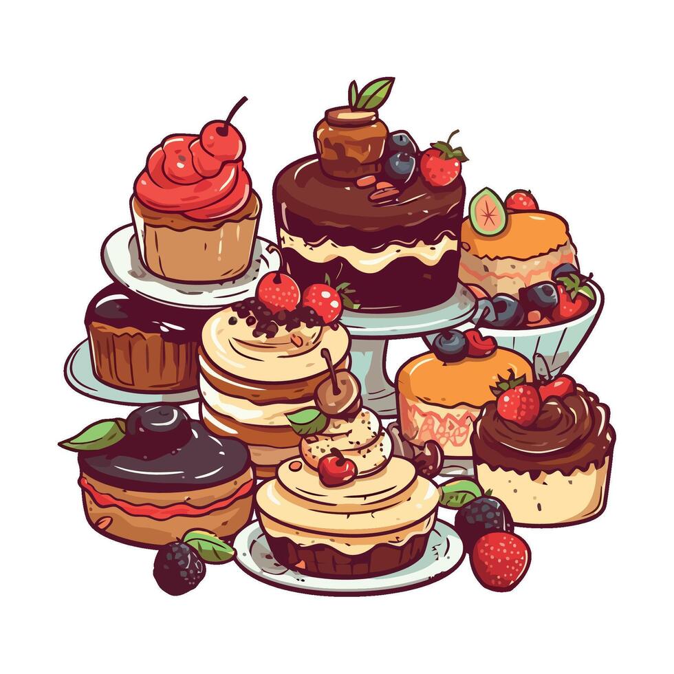 Sweet berry cupcakes with chocolate icing decoration icon isolated vector