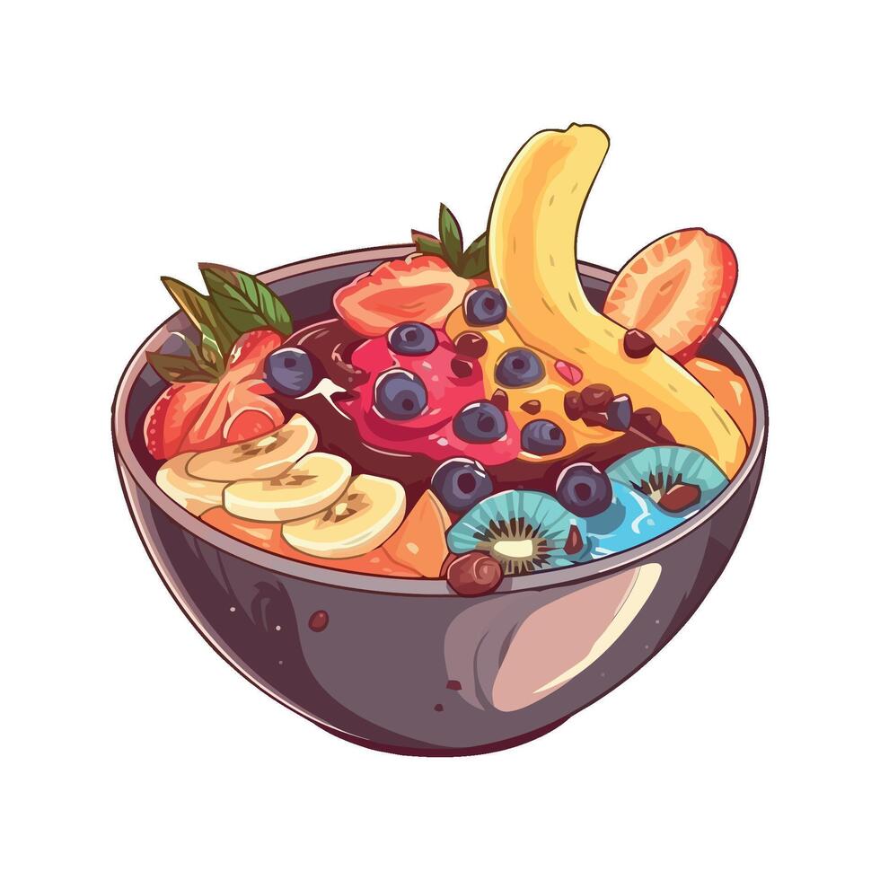 Fresh fruit bowl banana, strawberry and blueberry icon isolated vector