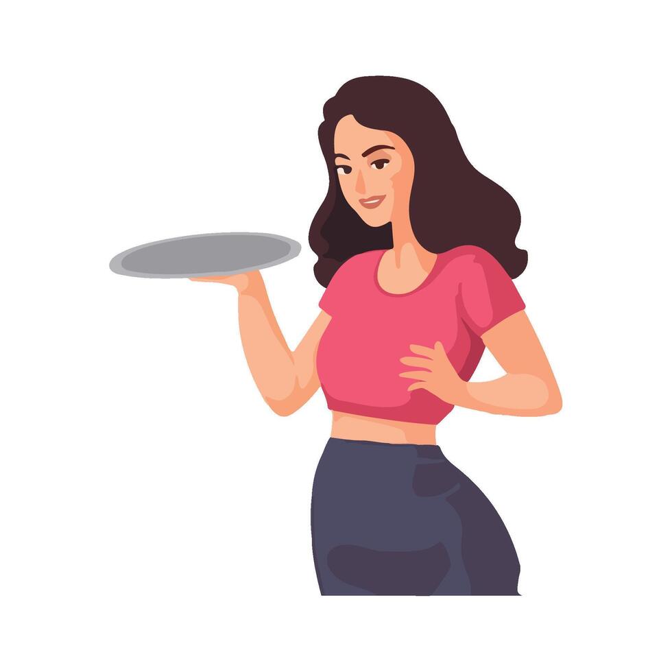 Young adult female chef holding food tray icon isolated vector